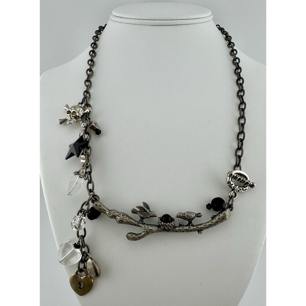 Vintage Artisan Birds on Branch Charm Necklace Heart Skull Side Clasp 21” Black